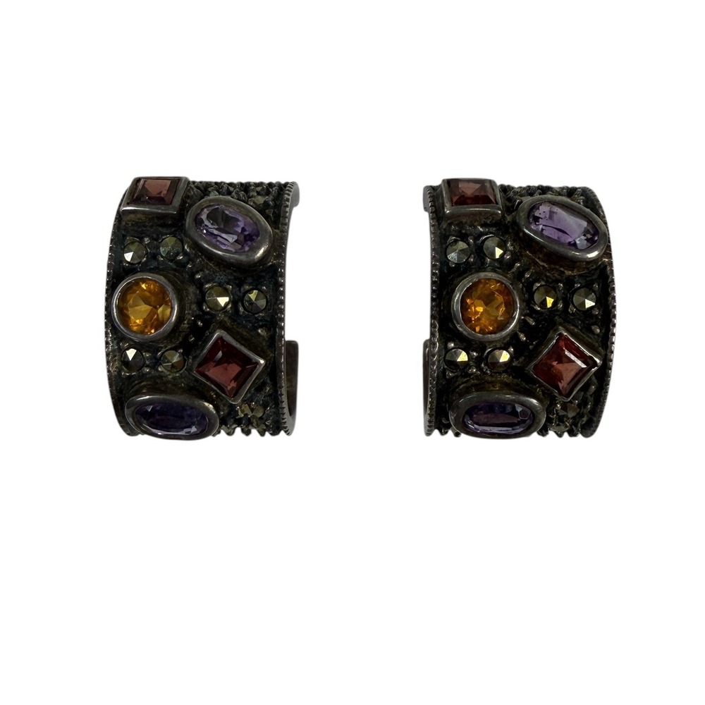 Sterling Silver 925 Multi-Gemstone Marcasite Wide J-Hoop Stud Earrings Amethyst